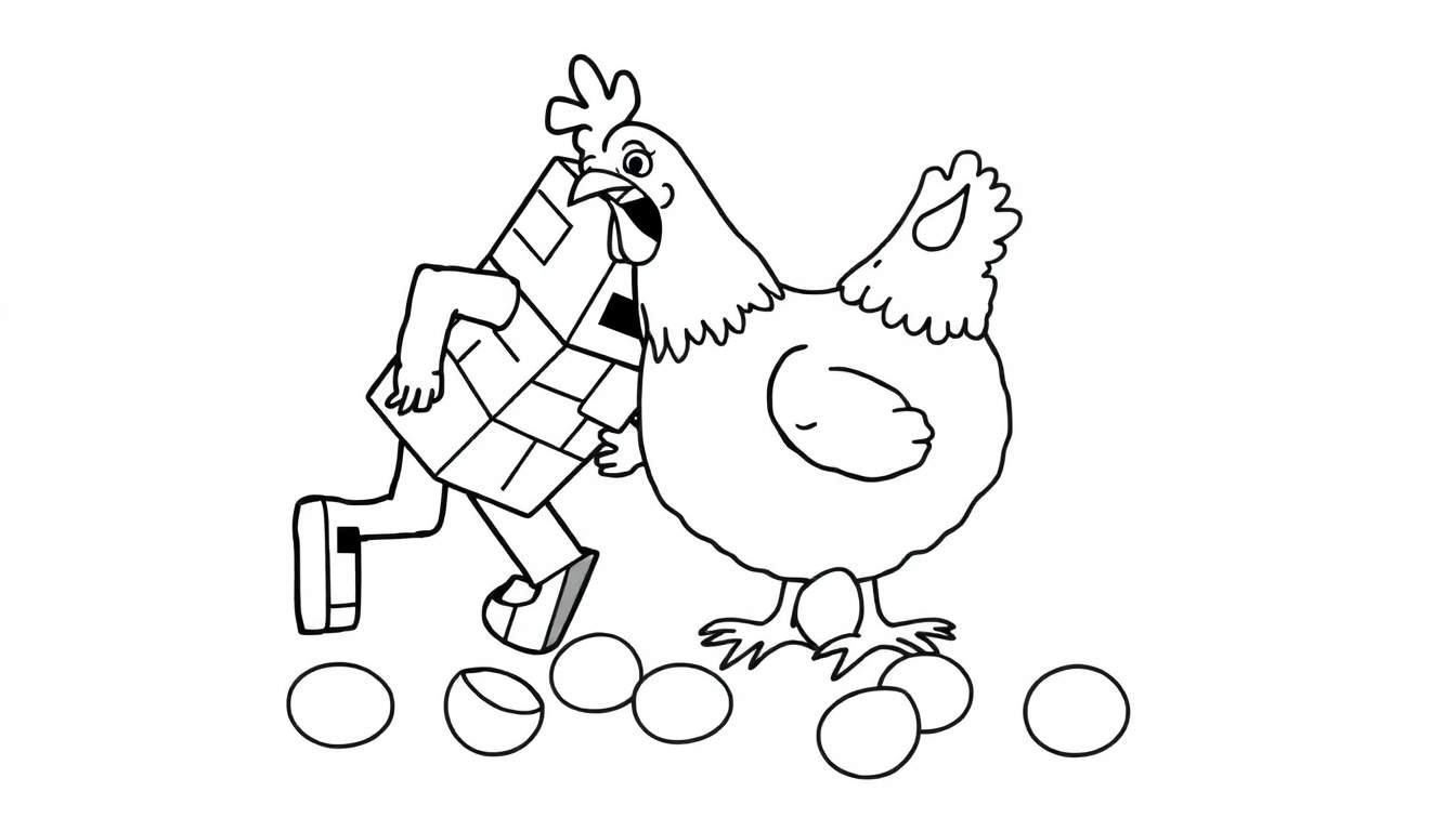 Disegno da colorare di un personaggio a forma di pacchetto di cracker che corre verso una gallina sorpresa con la bocca aperta e uova sparse sul terreno.
