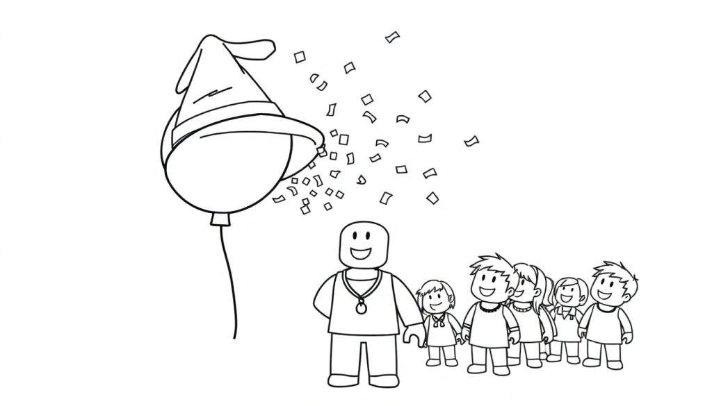 Disegno da colorare: palloncino con cappello da festa, coriandoli, personaggio a blocchi con collana e bambini sorridenti.