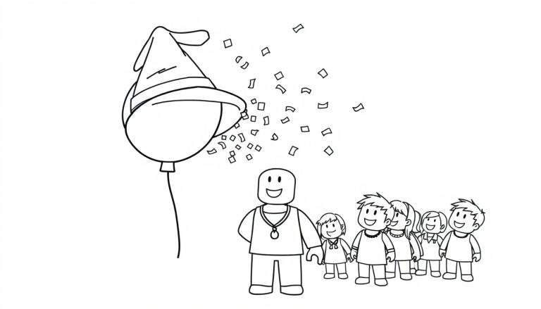 Disegno da colorare: palloncino con cappello da festa, coriandoli, personaggio a blocchi con collana e bambini sorridenti.