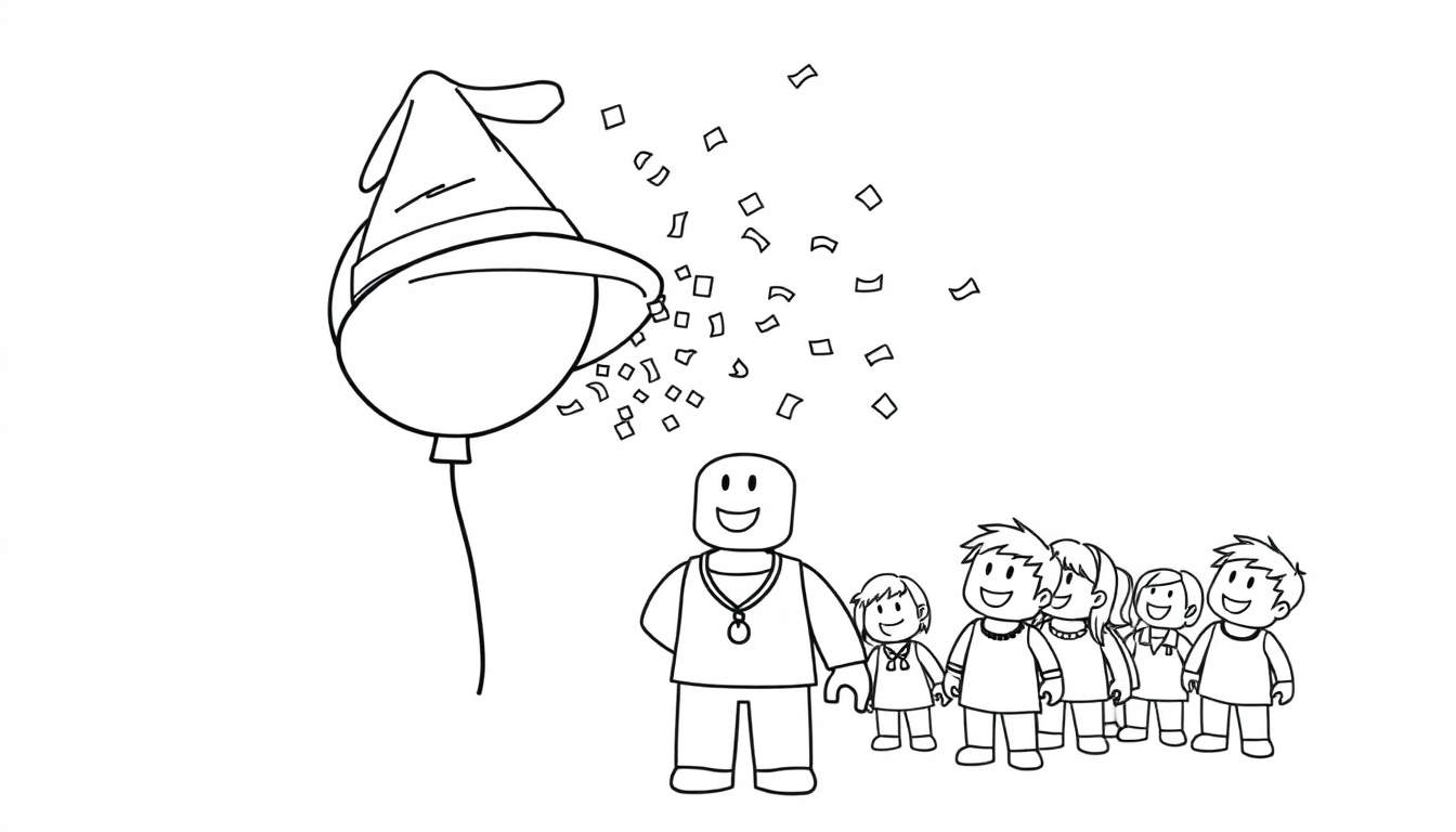 Disegno da colorare: palloncino con cappello da festa, coriandoli, personaggio a blocchi con collana e bambini sorridenti.