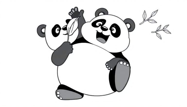Disegno da colorare di un panda adulto che abbraccia un panda cucciolo, con il più grande che tiene una foglia. Entrambi i panda sono stilizzati e hanno espressioni felici.