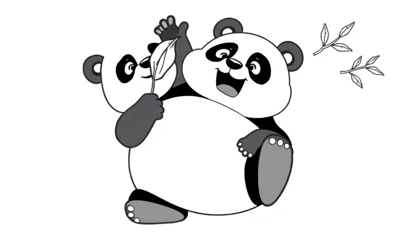 Disegno da colorare di un panda adulto che abbraccia un panda cucciolo, con il più grande che tiene una foglia. Entrambi i panda sono stilizzati e hanno espressioni felici.
