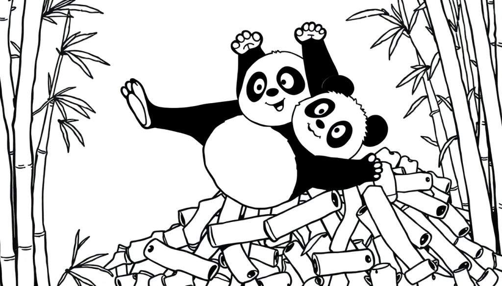 Disegno da colorare di due panda in stile cartoon che giocano tra il bambù.