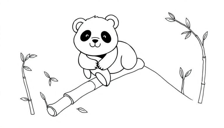 Disegno a linea di un panda carino che sorride, seduto su un tronco di bambù, con foglie di bambù sparse intorno. Ideale per colorare.