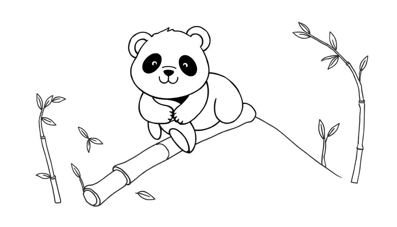 Disegno a linea di un panda carino che sorride, seduto su un tronco di bambù, con foglie di bambù sparse intorno. Ideale per colorare.