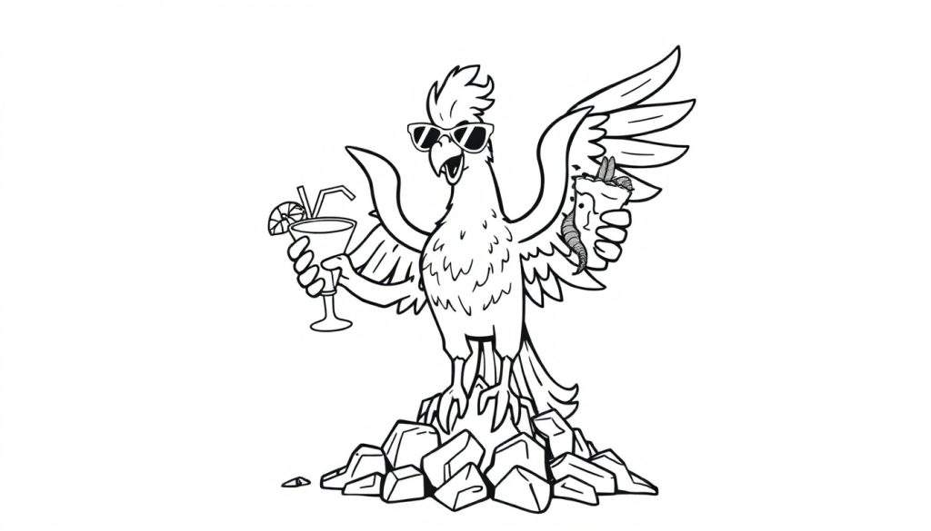 Disegno da colorare di un pappagallo stilizzato con occhiali da sole, cocktail e fagottino.