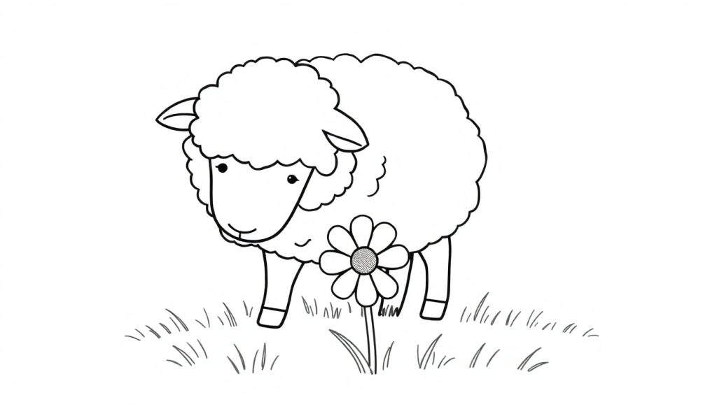 Disegno in bianco e nero di una pecora stilizzata in un prato con una margherita.