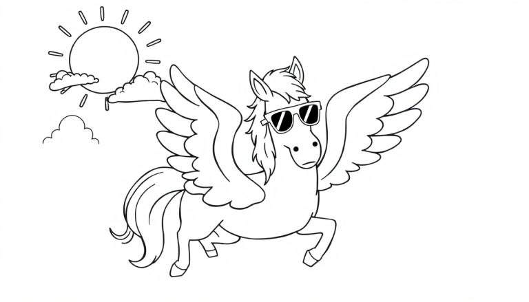 Disegno da colorare di un pegaso stilizzato con occhiali da sole, ali spiegate, vicino a un sole raggiante e nuvole.