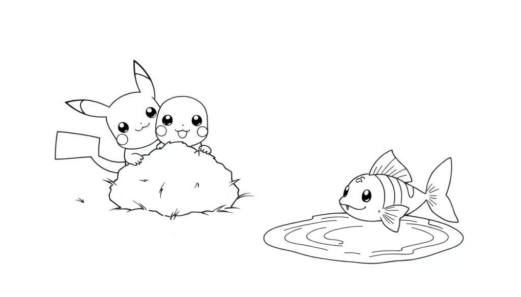 Disegno da colorare in bianco e nero di due Pikachu felici su un terreno e un Magikarp che nuota in acqua.