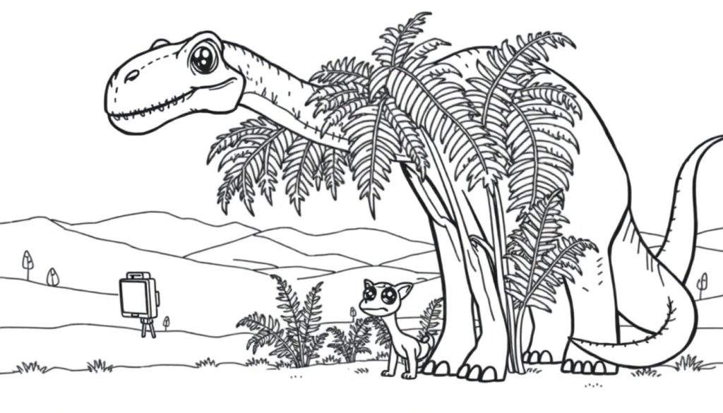 Disegno da colorare con un grande dinosauro sauropode nascosto tra le felci e un piccolo dinosauro triste di fronte. Paesaggio preistorico con colline e un treppiede sullo sfondo.