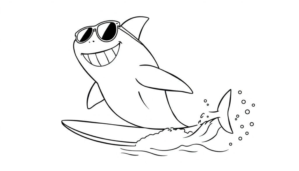 Disegno a linea di uno squalo sorridente con occhiali da sole che fa surf su un'onda, con bollicine d'acqua.