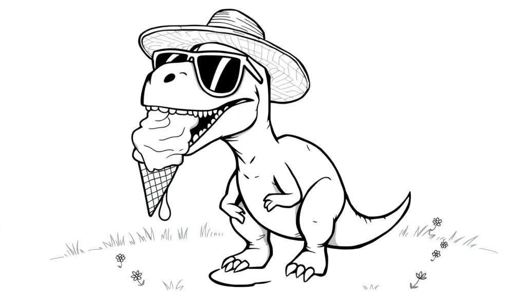 Disegno in bianco e nero di un T-Rex stilizzato che mangia un gelato, indossa occhiali da sole e un cappello di paglia, con un po' di erba e fiori sul terreno.