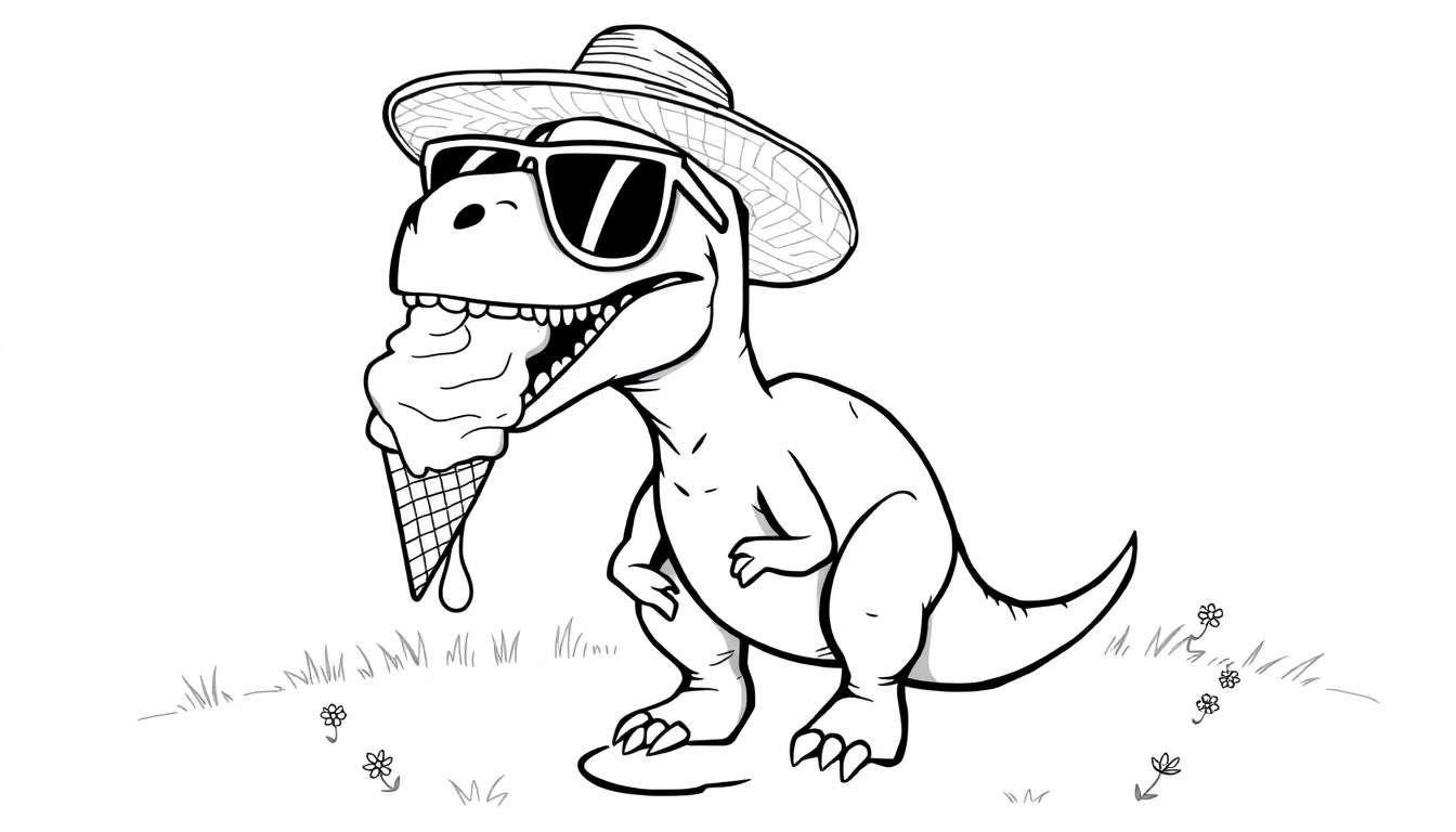 Disegno in bianco e nero di un T-Rex stilizzato che mangia un gelato, indossa occhiali da sole e un cappello di paglia, con un po' di erba e fiori sul terreno.