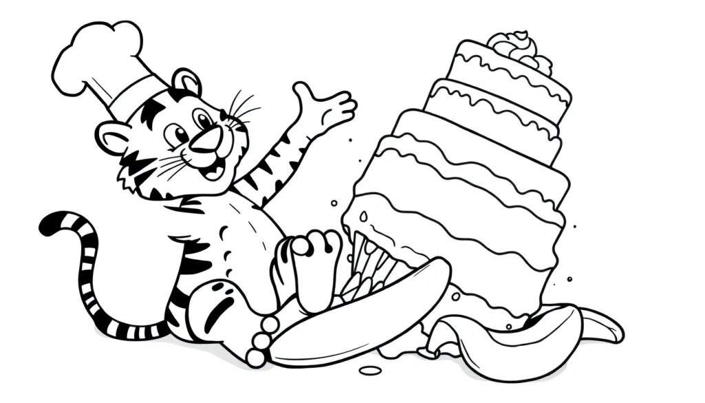 Disegno da colorare di una tigre con cappello da chef che mangia una torta a più piani che sta cadendo, con pezzi di banana sul terreno.