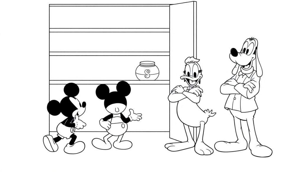 Disegno da colorare di quattro personaggi dei cartoni animati: due Topolino, Paperino e Pluto, disposti in una scena tipo fumetto con uno scaffale vuoto al centro.