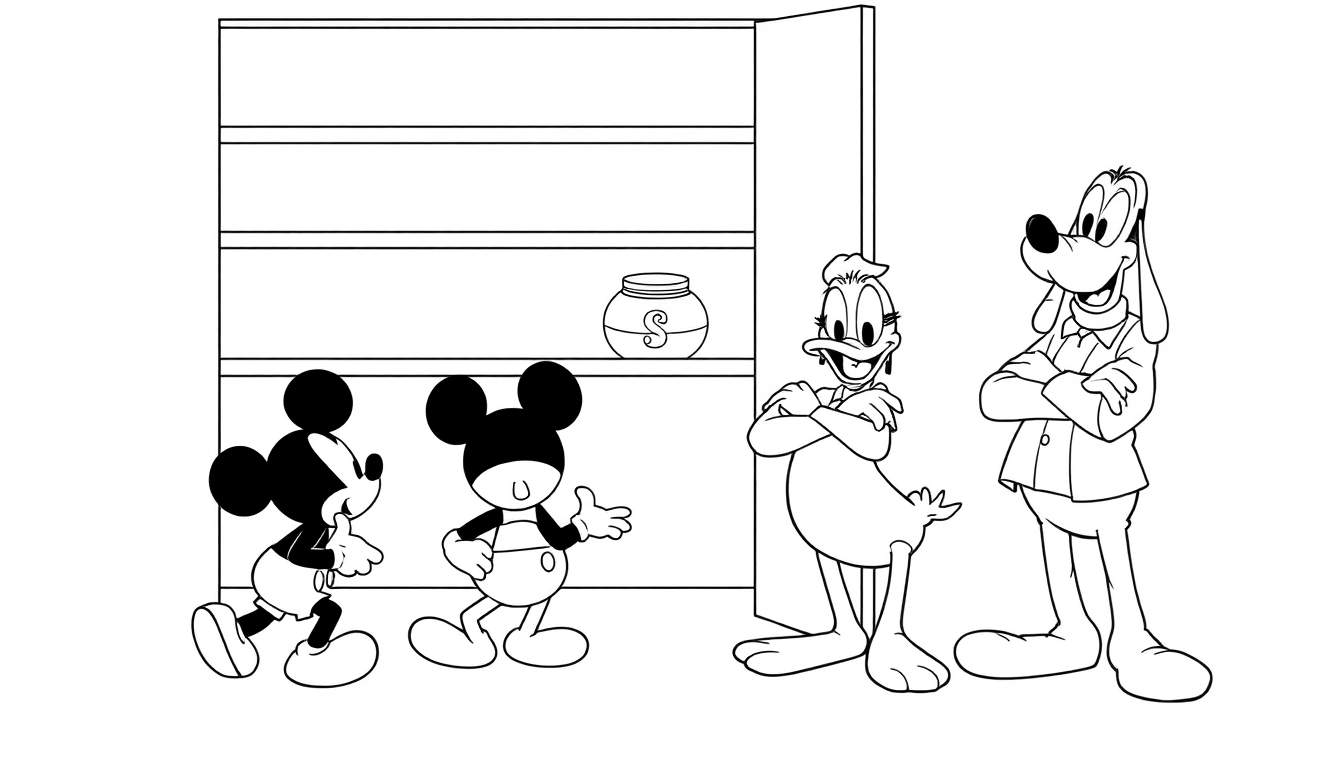 Disegno da colorare di quattro personaggi dei cartoni animati: due Topolino, Paperino e Pluto, disposti in una scena tipo fumetto con uno scaffale vuoto al centro.