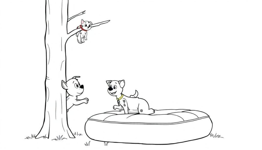 Disegno da colorare di tre cani: uno su un lettino, uno dietro un albero, e uno su un ramo.