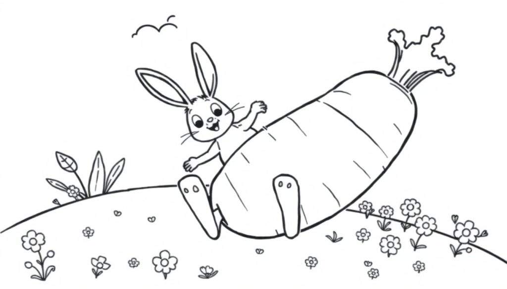 Disegno a inchiostro di un coniglio sorridente con lunghe orecchie che si dondola su una grande carota, con fiori, piantine e nuvole.