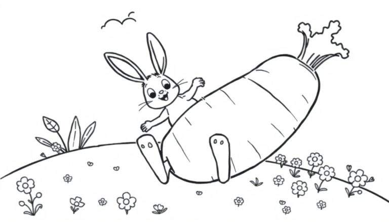 Disegno a inchiostro di un coniglio sorridente con lunghe orecchie che si dondola su una grande carota, con fiori, piantine e nuvole.