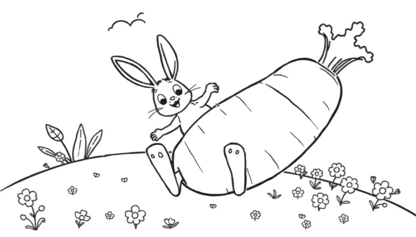 Disegno a inchiostro di un coniglio sorridente con lunghe orecchie che si dondola su una grande carota, con fiori, piantine e nuvole.