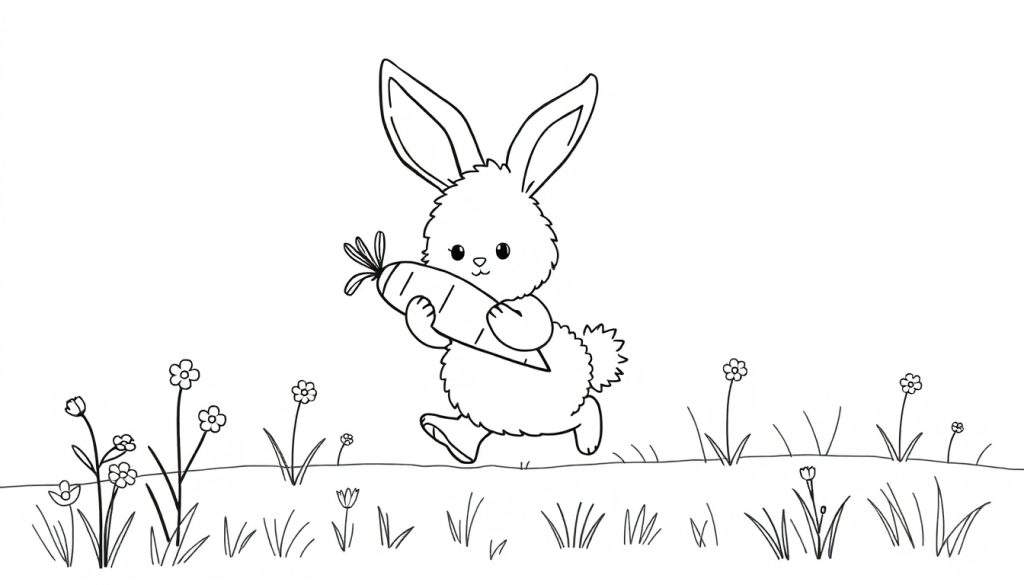 Disegno in bianco e nero di un coniglietto che corre in un prato con una carota, fiori ed erba.
