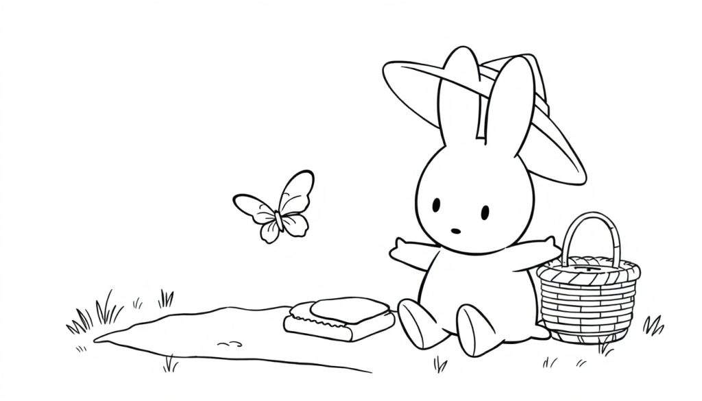 Disegno da colorare di un coniglietto con cappello seduto sull'erba con un cestino, un panino su una coperta e una farfalla