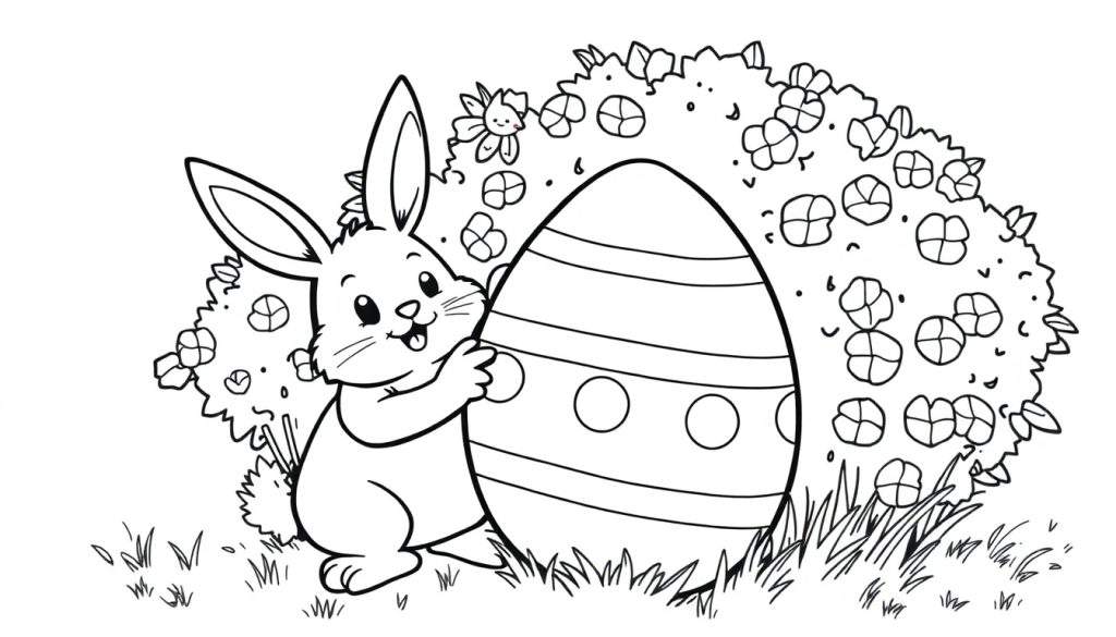 Un coniglietto sorridente abbraccia un grande uovo di Pasqua decorato, in un prato verde con fiori.