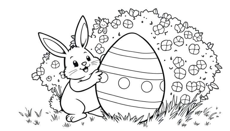 Un coniglietto sorridente abbraccia un grande uovo di Pasqua decorato, in un prato verde con fiori.