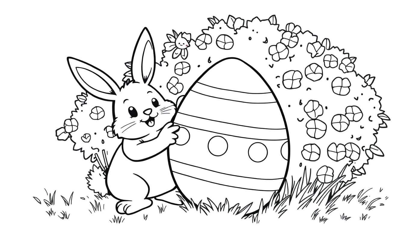 Un coniglietto sorridente abbraccia un grande uovo di Pasqua decorato, in un prato verde con fiori.