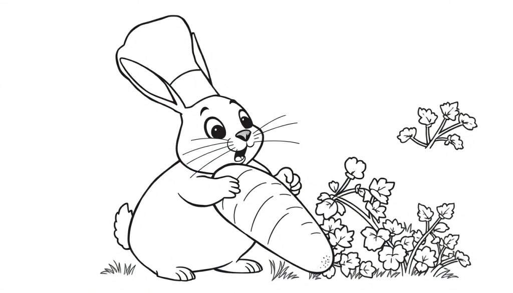 Disegno da colorare di un coniglio bianco e nero con un grande cappello e una carota in mano, su un prato.