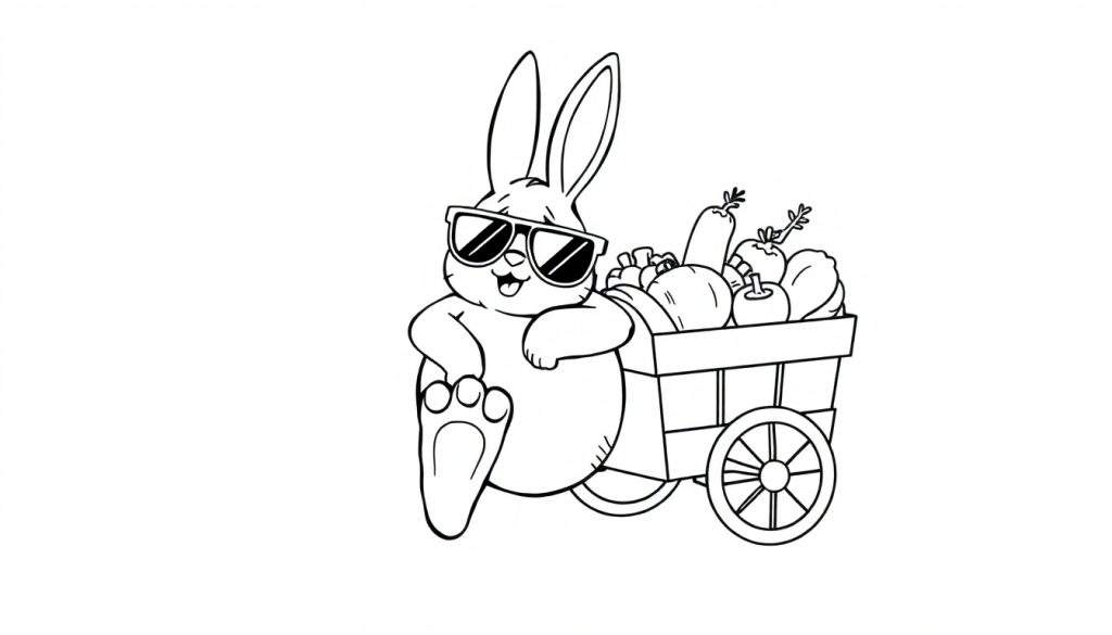 Disegno a linea di un coniglio sorridente con occhiali da sole che si appoggia a un carretto pieno di verdure fresche, pronto per essere colorato.