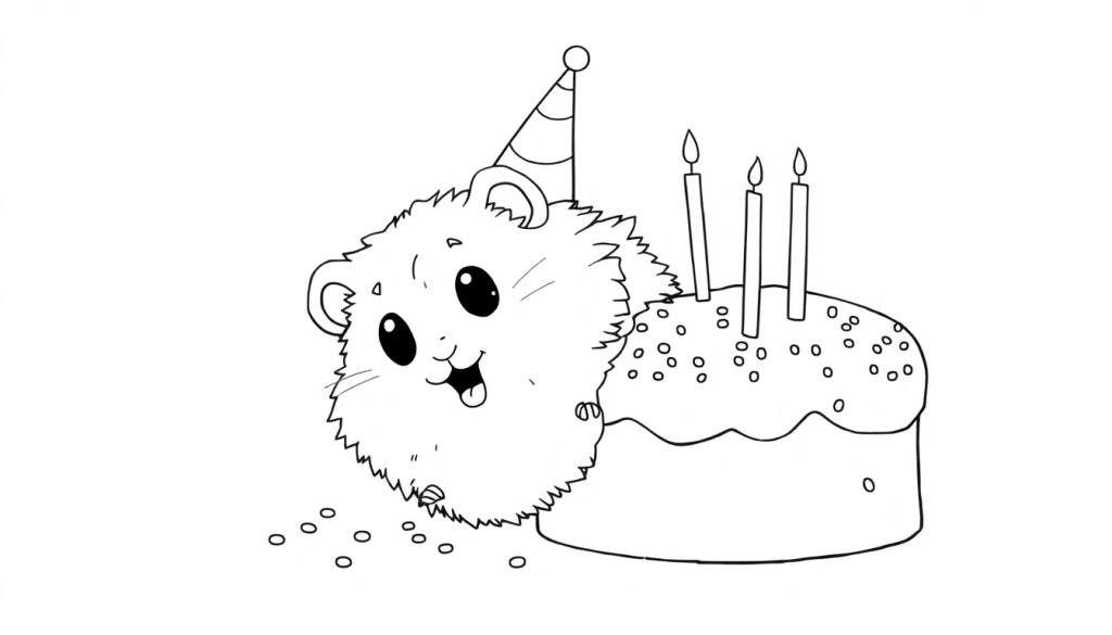 Disegno in bianco e nero di un criceto festoso con cappellino da festa che spunta da una torta di compleanno con tre candeline, circondato da coriandoli.