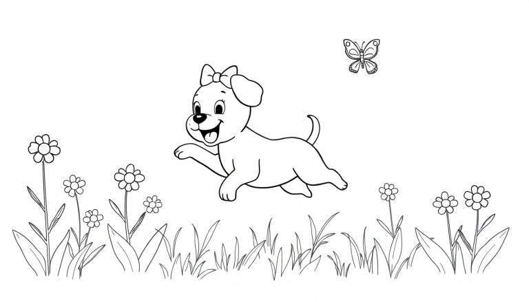 Disegno da colorare di un cucciolo che corre in un prato fiorito con una farfalla che vola sopra.