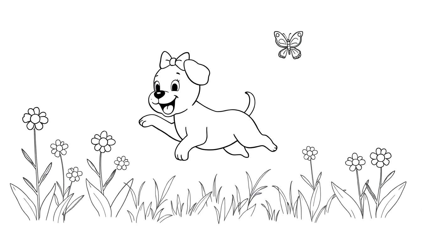 Disegno da colorare di un cucciolo che corre in un prato fiorito con una farfalla che vola sopra.