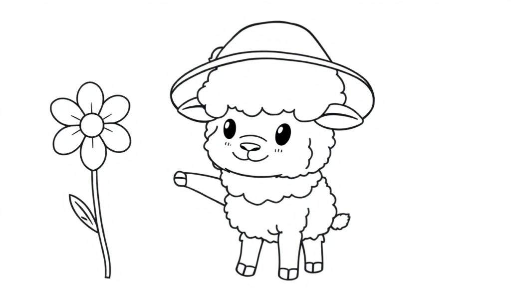 Disegno al tratto di un agnellino carino con un cappello, che sta in piedi accanto a un fiore. L'agnello allunga una zampa.