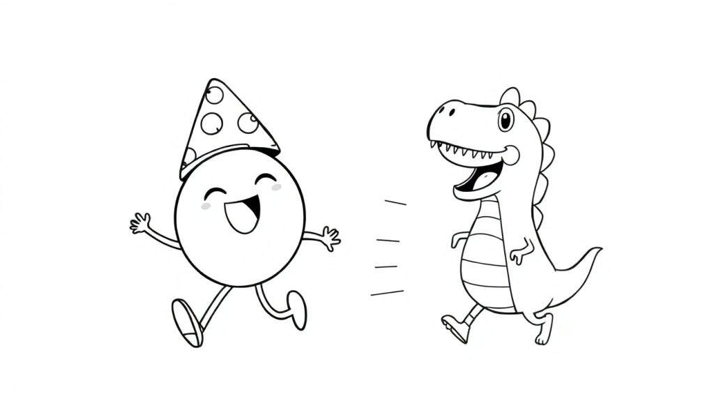 Disegno in bianco e nero da colorare di un personaggio rotondo con cappello da festa e un dinosauro con cresta che corrono felicemente l'uno verso l'altro.