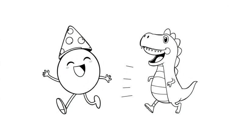 Disegno in bianco e nero da colorare di un personaggio rotondo con cappello da festa e un dinosauro con cresta che corrono felicemente l'uno verso l'altro.
