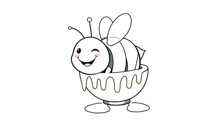 Disegno da colorare di un'ape stilizzata che fa l'occhiolino, seduta in una ciotola di miele colante con due piedini.