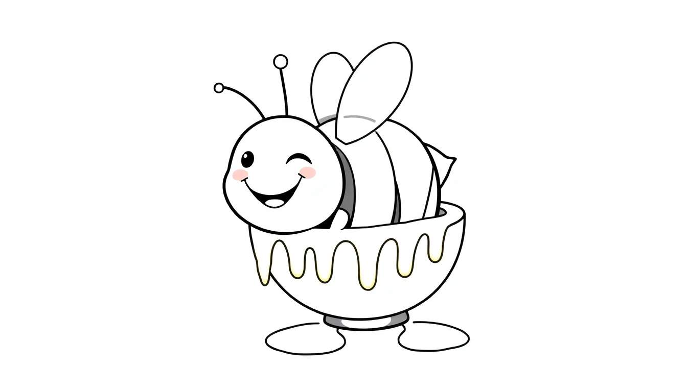 Disegno da colorare di un'ape stilizzata che fa l'occhiolino, seduta in una ciotola di miele colante con due piedini.