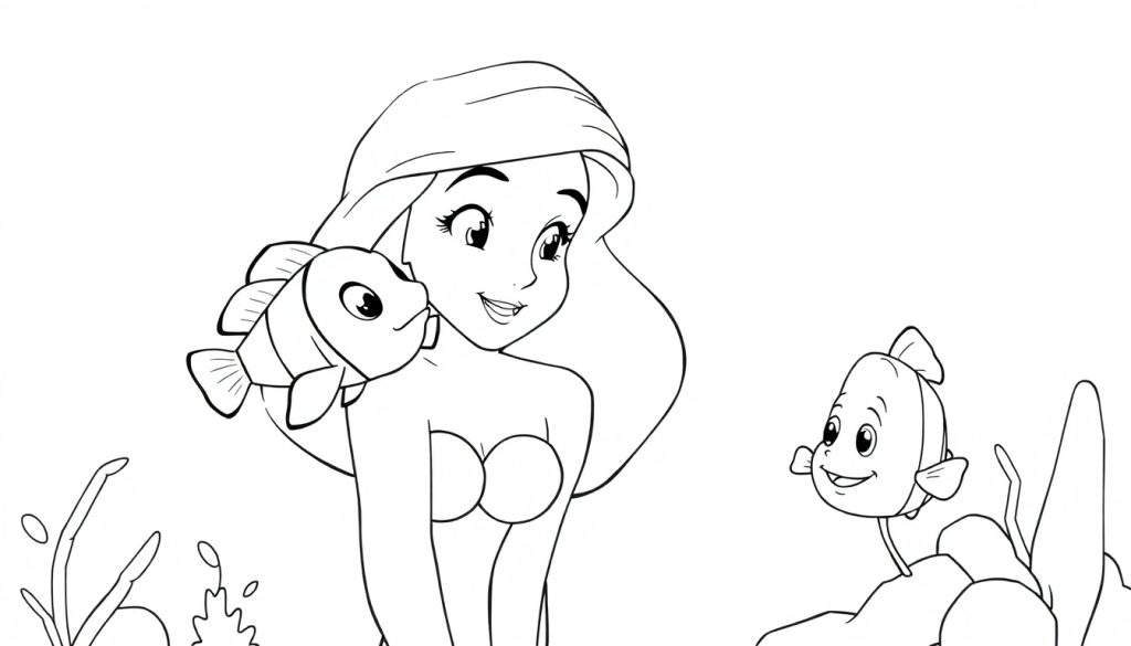 Disegno da colorare di Ariel La Sirenetta con due pesciolini, alghe e bollicine in stile cartone animato.