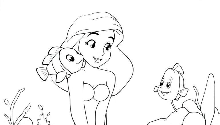 Disegno da colorare di Ariel La Sirenetta con due pesciolini, alghe e bollicine in stile cartone animato.