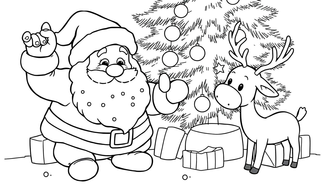 Disegno in bianco e nero per bambini di Babbo Natale, una renna sorridente e un albero di Natale con regali, pronto per essere colorato.