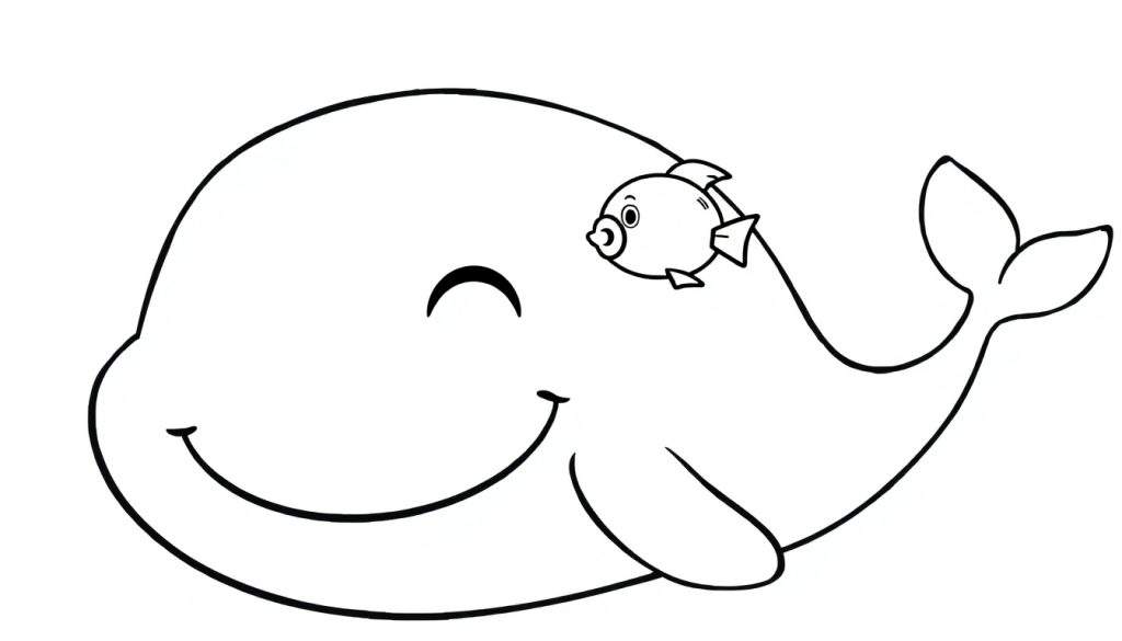 Disegno per bambini di una grande balena sorridente con un piccolo pesce amico che le nuota sopra la testa, pronto per essere colorato.