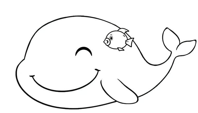 Disegno per bambini di una grande balena sorridente con un piccolo pesce amico che le nuota sopra la testa, pronto per essere colorato.