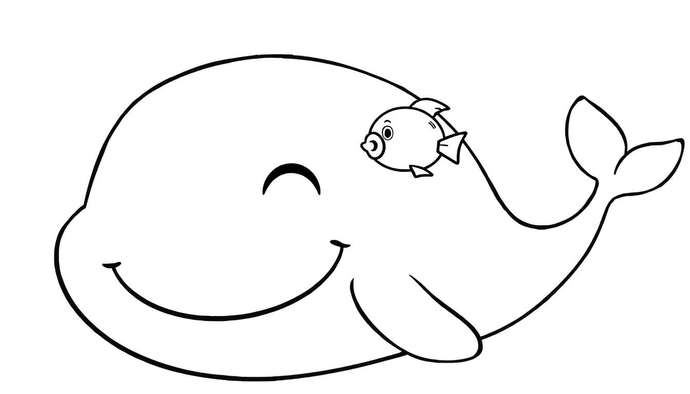 Disegno per bambini di una grande balena sorridente con un piccolo pesce amico che le nuota sopra la testa, pronto per essere colorato.