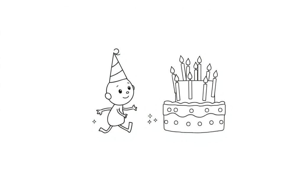 Disegno da colorare di un bambino felice con un cappello da festa che corre verso una torta di compleanno con candeline accese e stelline.