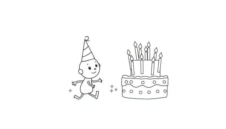 Disegno da colorare di un bambino felice con un cappello da festa che corre verso una torta di compleanno con candeline accese e stelline.