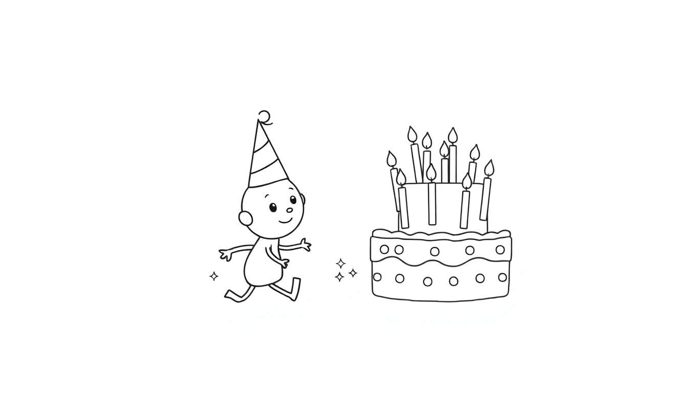 Disegno da colorare di un bambino felice con un cappello da festa che corre verso una torta di compleanno con candeline accese e stelline.