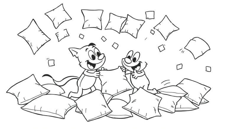 Disegno da colorare in bianco e nero di due personaggi cartoni animati, un gatto e un topo, che ridono e giocano con molti cuscini volanti e ammucchiati.