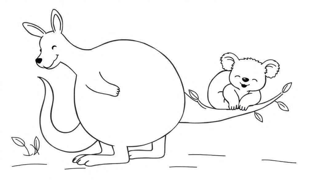 Disegno da colorare di un canguro con testa inclinata e un koala con occhi chiusi seduti su un ramo, circondati da foglie stilizzate. La scena è in bianco e nero e invita a essere colorata.
